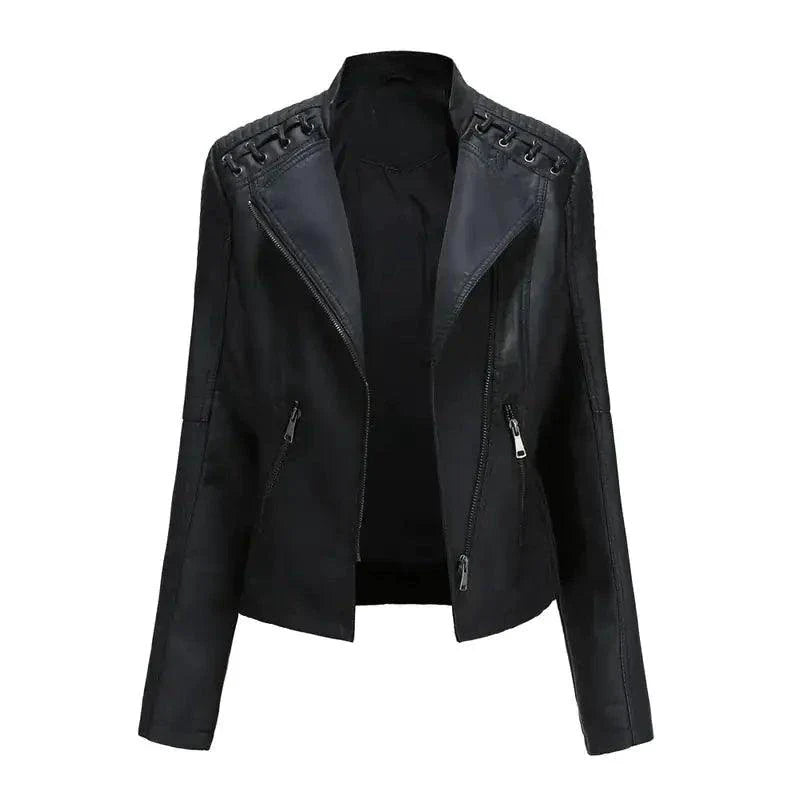 Manteau en Cuir Noir Chic Féminin Mandotos avec Détails de Style Biker