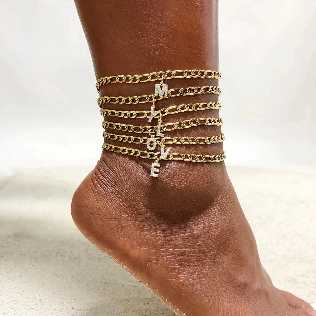 Mandotos Crystal A-Z Initial Anklet for Women - Gold Cuban Link