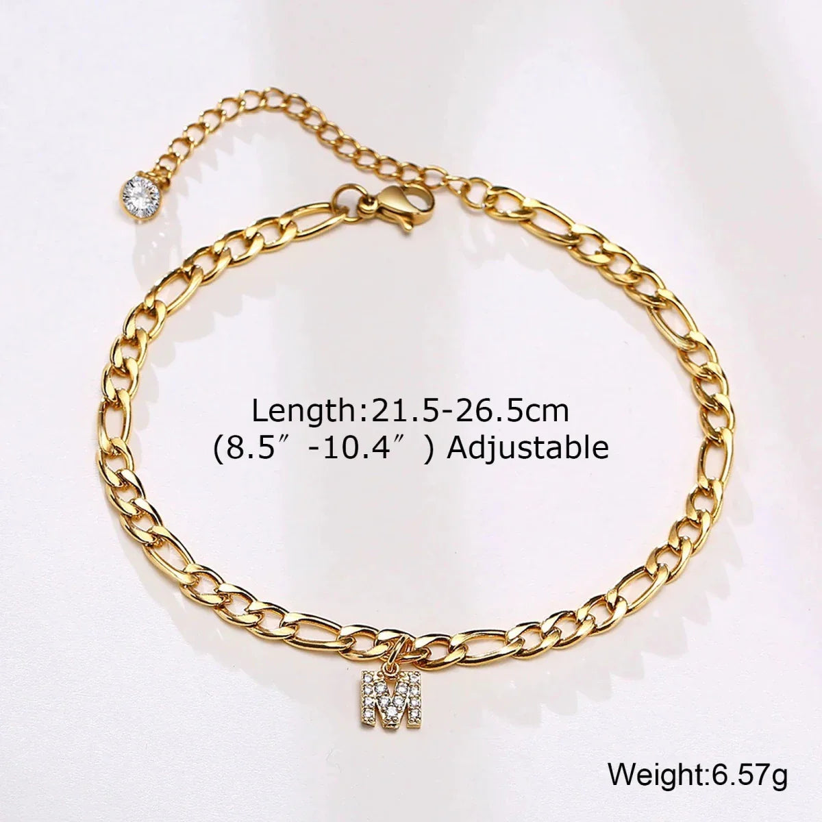 Mandotos Crystal A-Z Initial Anklet for Women - Gold Cuban Link