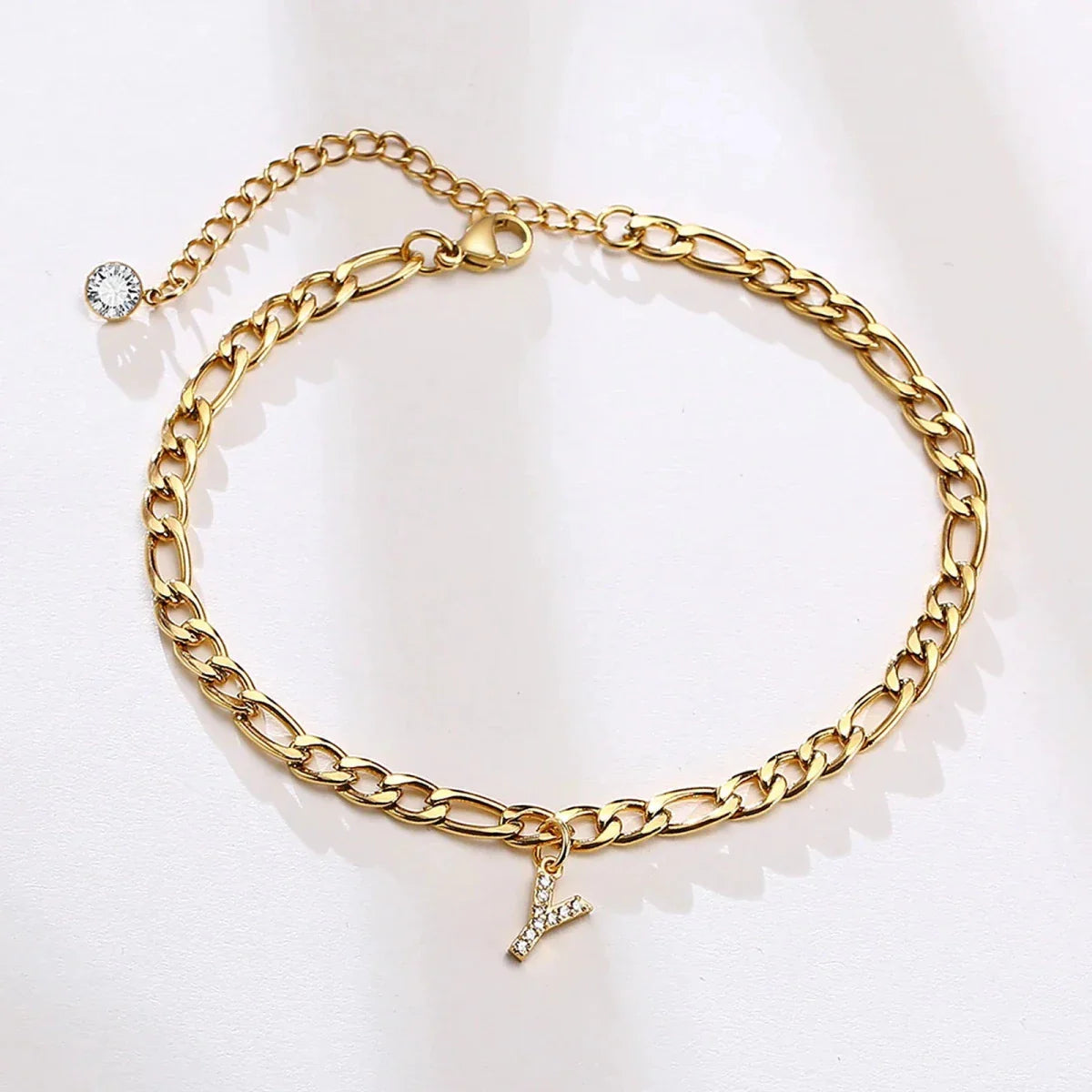 Mandotos Crystal A-Z Initial Anklet for Women - Gold Cuban Link