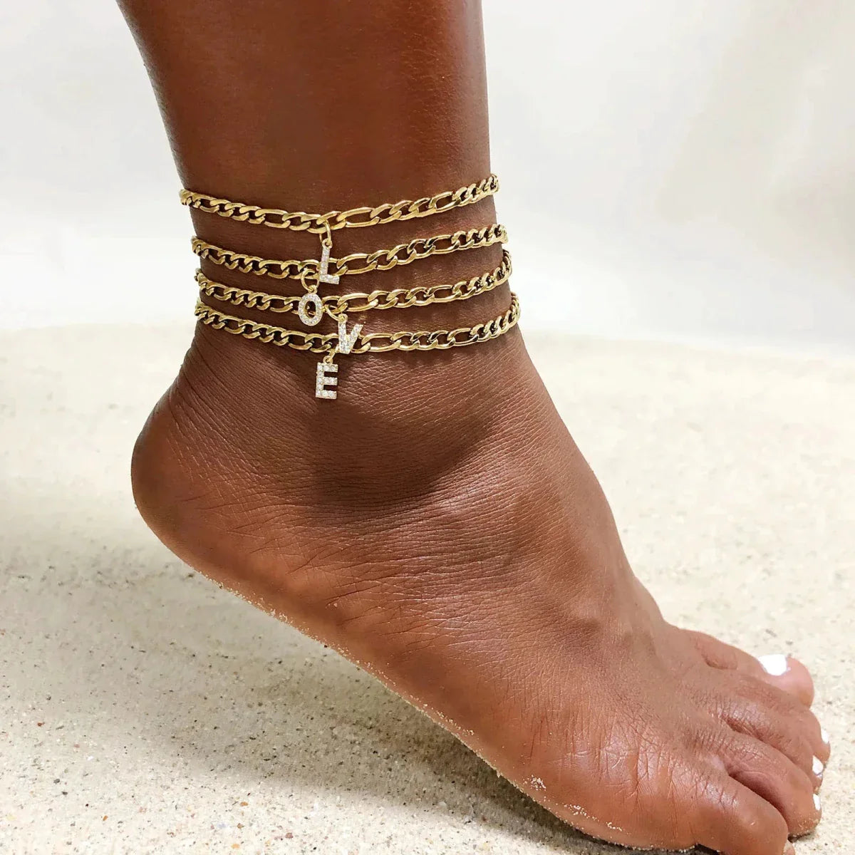 Mandotos Crystal A-Z Initial Anklet for Women - Gold Cuban Link