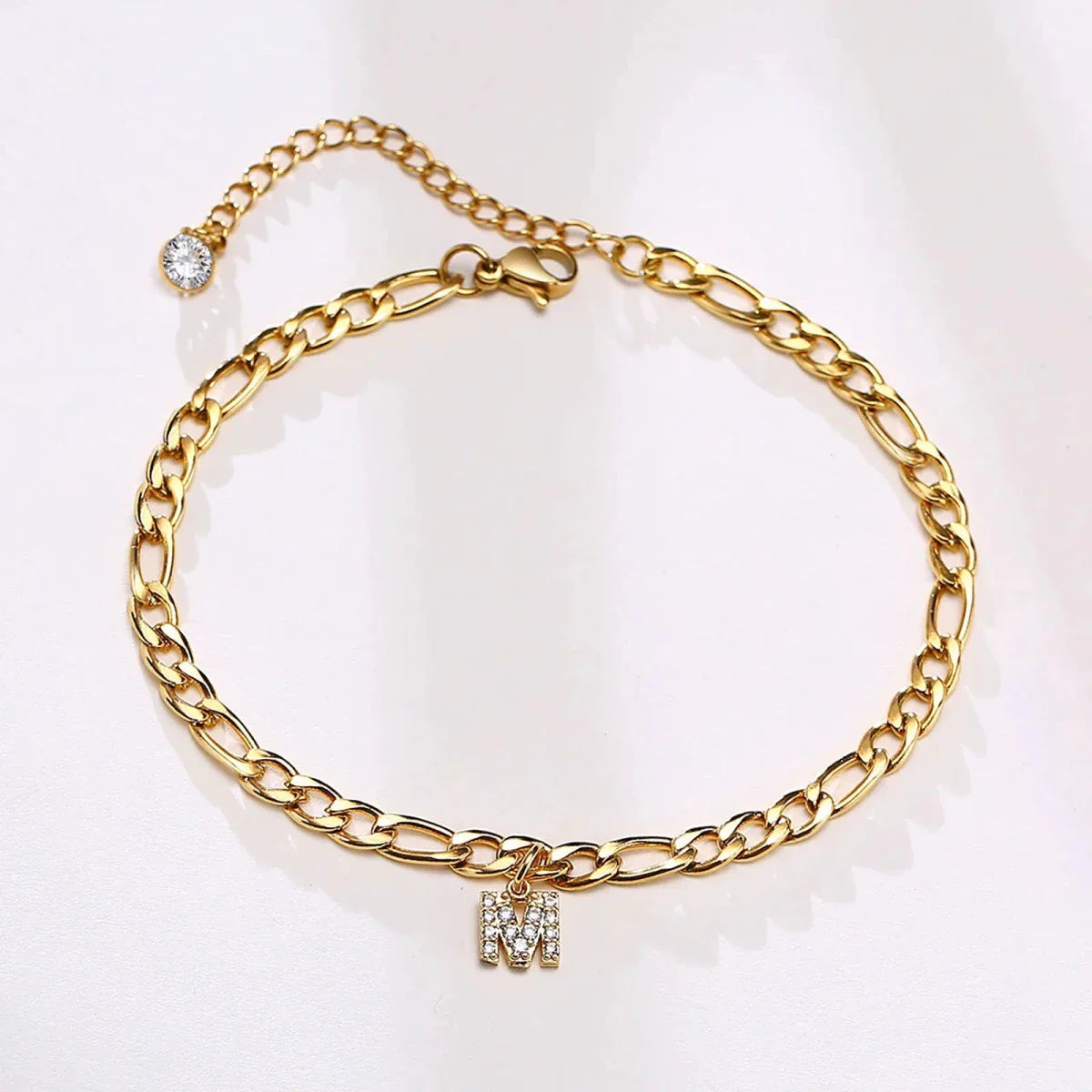 Mandotos Crystal A-Z Initial Anklet for Women - Gold Cuban Link