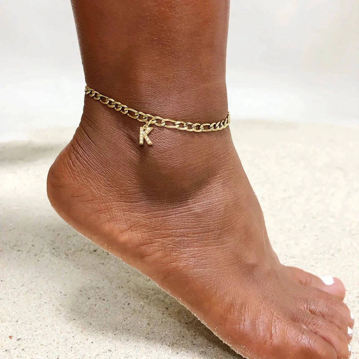Mandotos Crystal A-Z Initial Anklet for Women - Gold Cuban Link