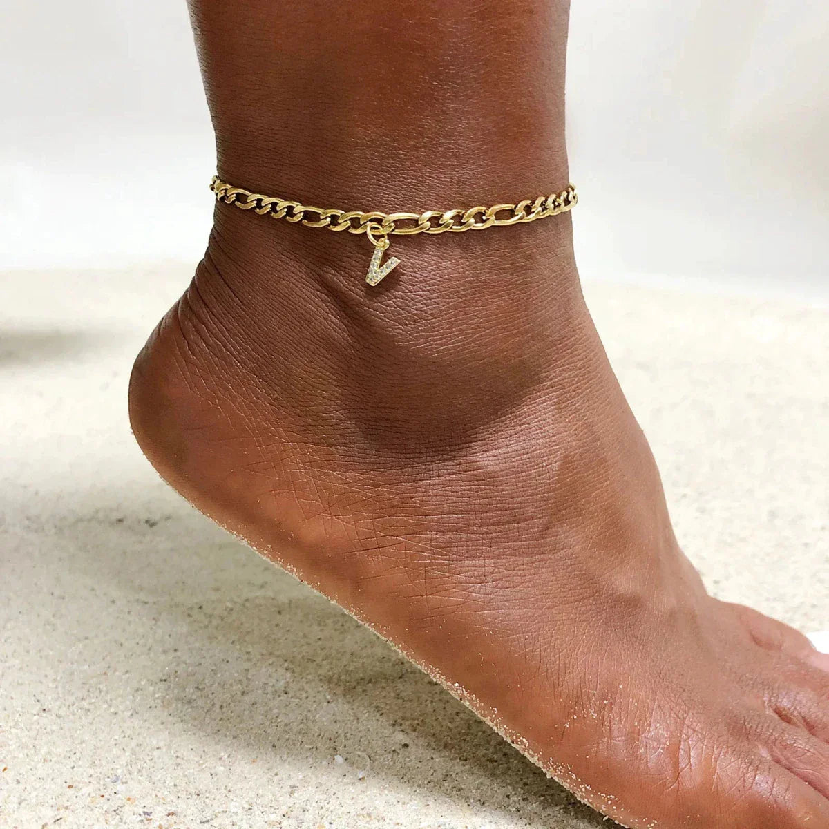 Mandotos Crystal A-Z Initial Anklet for Women - Gold Cuban Link