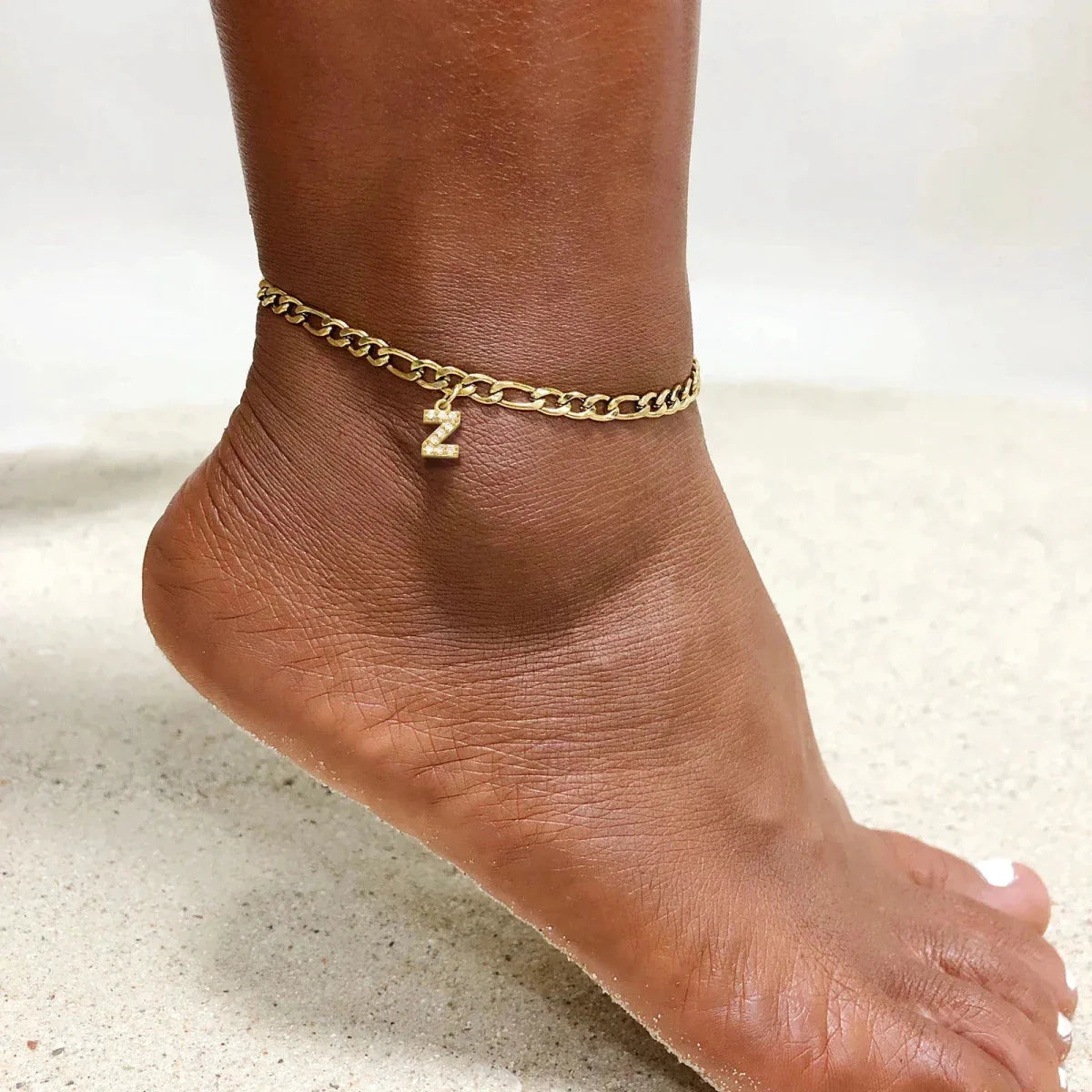 Mandotos Crystal A-Z Initial Anklet for Women - Gold Cuban Link