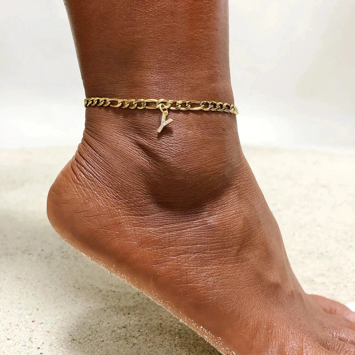 Mandotos Crystal A-Z Initial Anklet for Women - Gold Cuban Link