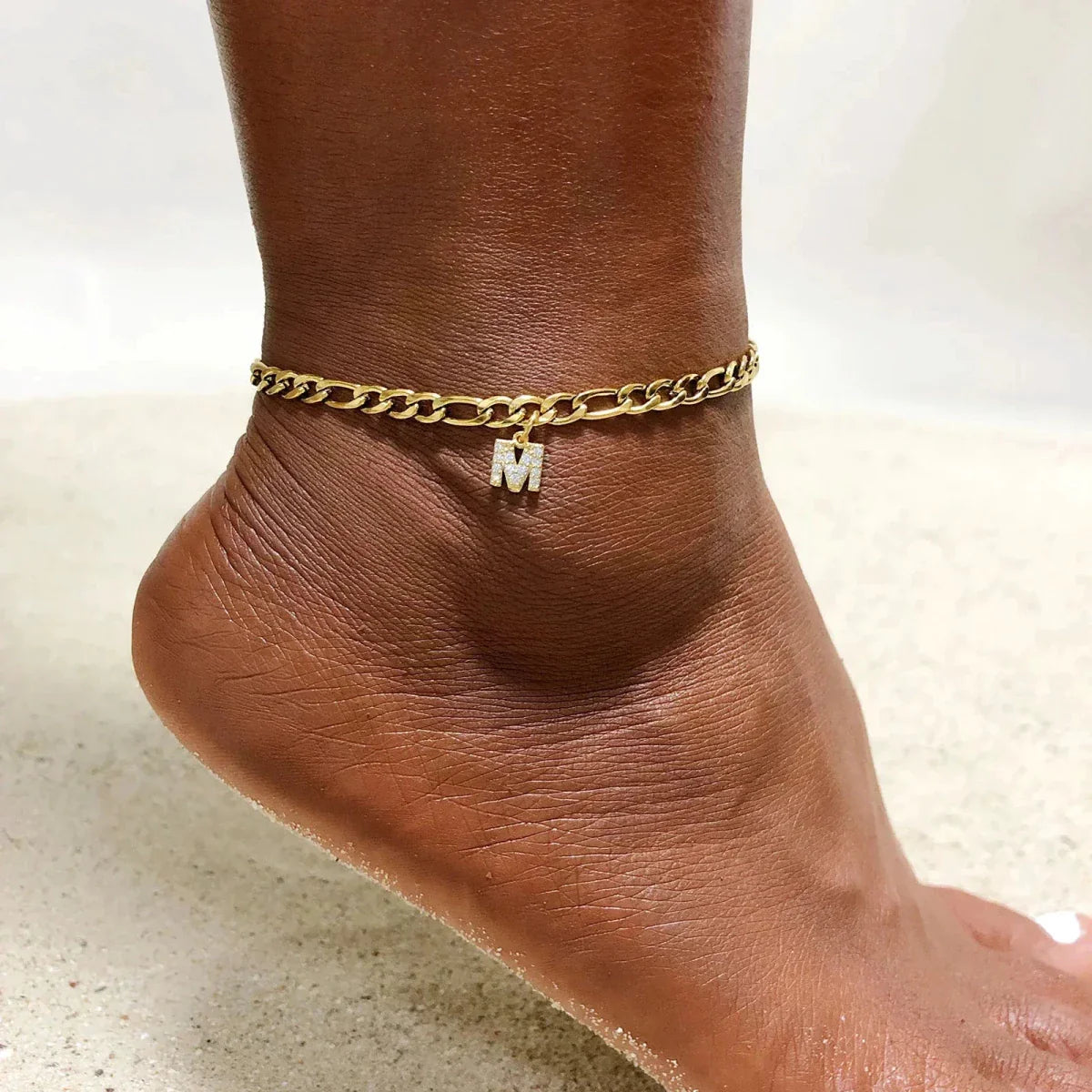 Mandotos Crystal A-Z Initial Anklet for Women - Gold Cuban Link