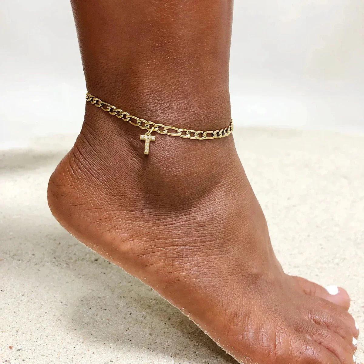 Mandotos Crystal A-Z Initial Anklet for Women - Gold Cuban Link