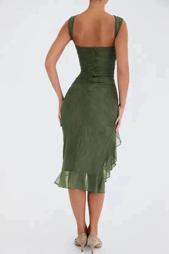 Mandotos Olive Green Ruffled Midi Dress