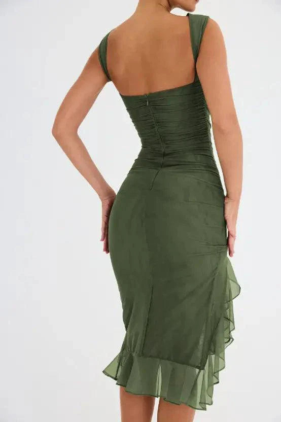 Mandotos Olive Green Ruffled Midi Dress