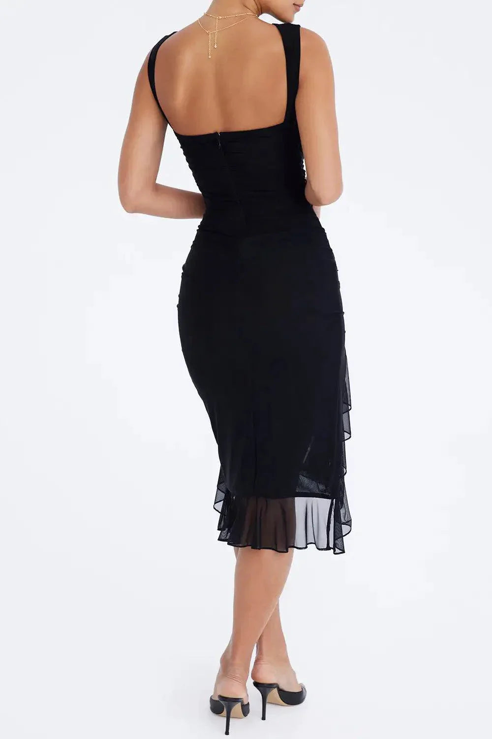Mandotos Olive Green Ruffled Midi Dress