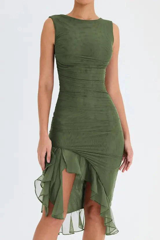 Mandotos Olive Green Ruffled Midi Dress