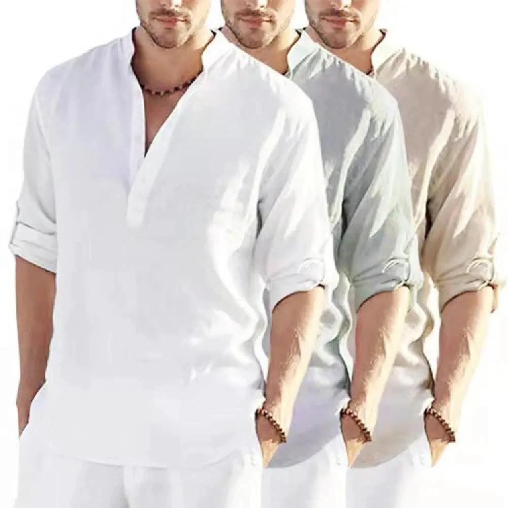 Camisa de Manga Larga de Algodón y Lino Casual para Hombre