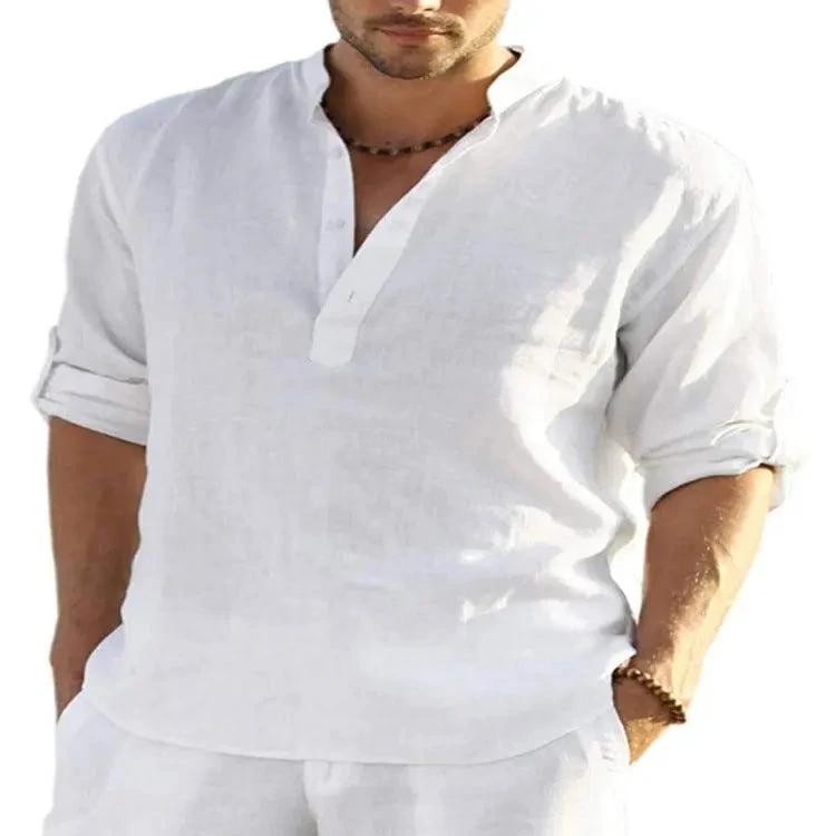 Camisa de Manga Larga de Algodón y Lino Casual para Hombre