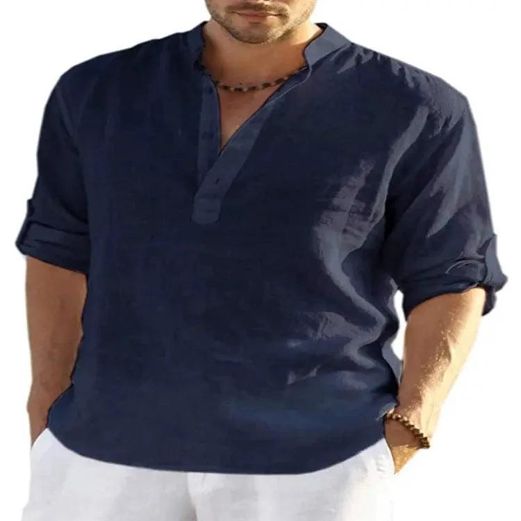 Camisa de Manga Larga de Algodón y Lino Casual para Hombre