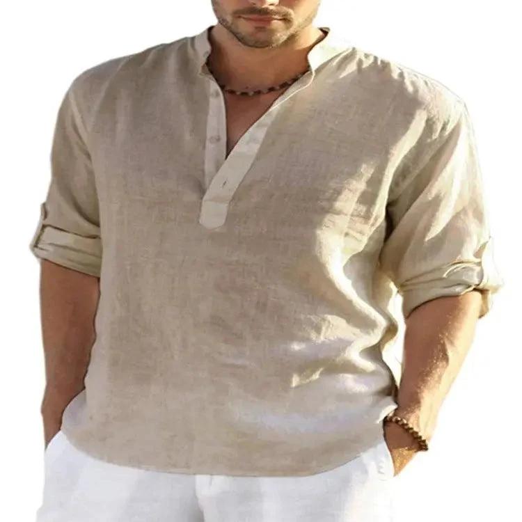 Camisa de Manga Larga de Algodón y Lino Casual para Hombre