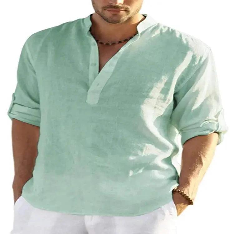 Camisa de Manga Larga de Algodón y Lino Casual para Hombre