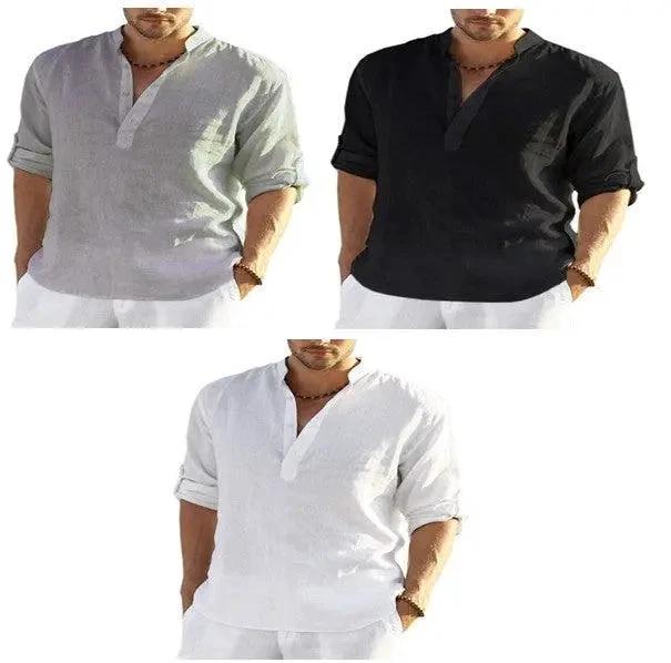 Camisa de Manga Larga de Algodón y Lino Casual para Hombre