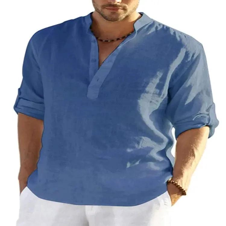 Camisa de Manga Larga de Algodón y Lino Casual para Hombre