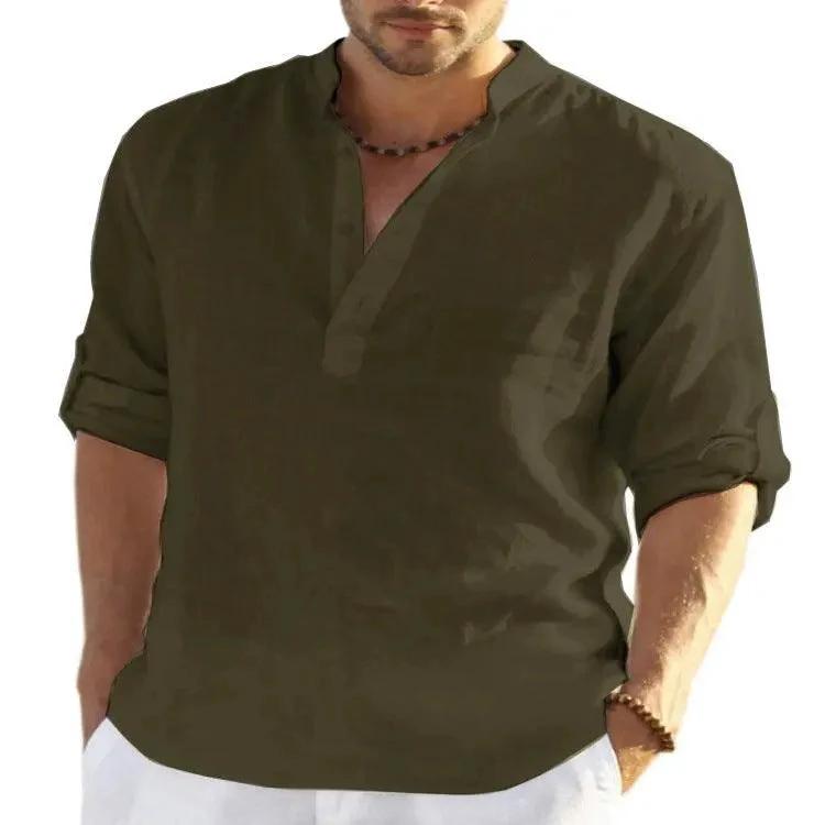 Camisa de Manga Larga de Algodón y Lino Casual para Hombre