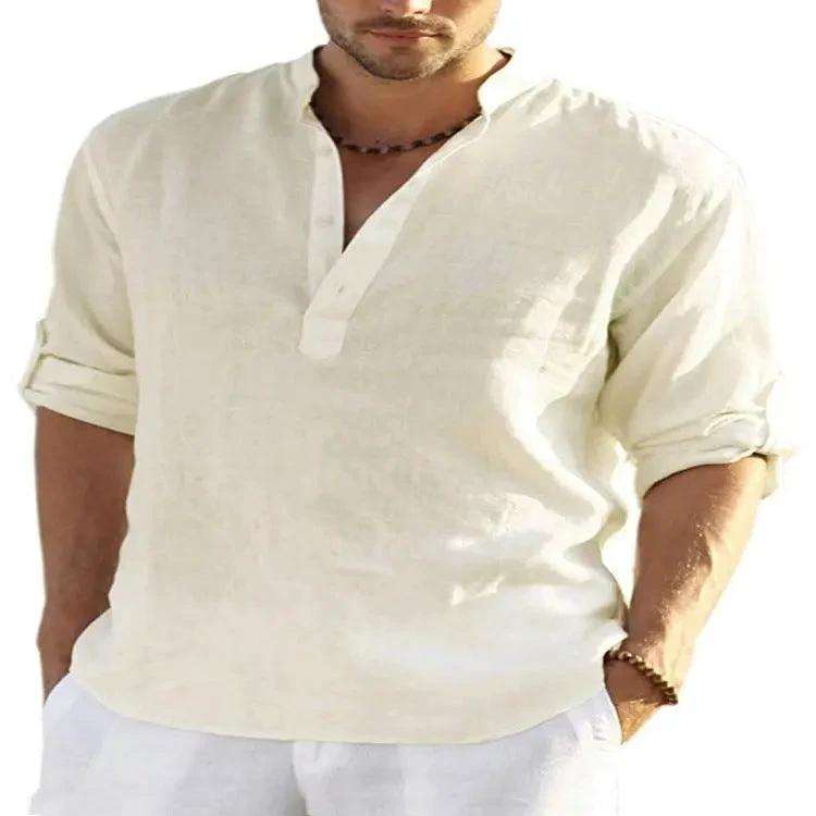 Camisa de Manga Larga de Algodón y Lino Casual para Hombre