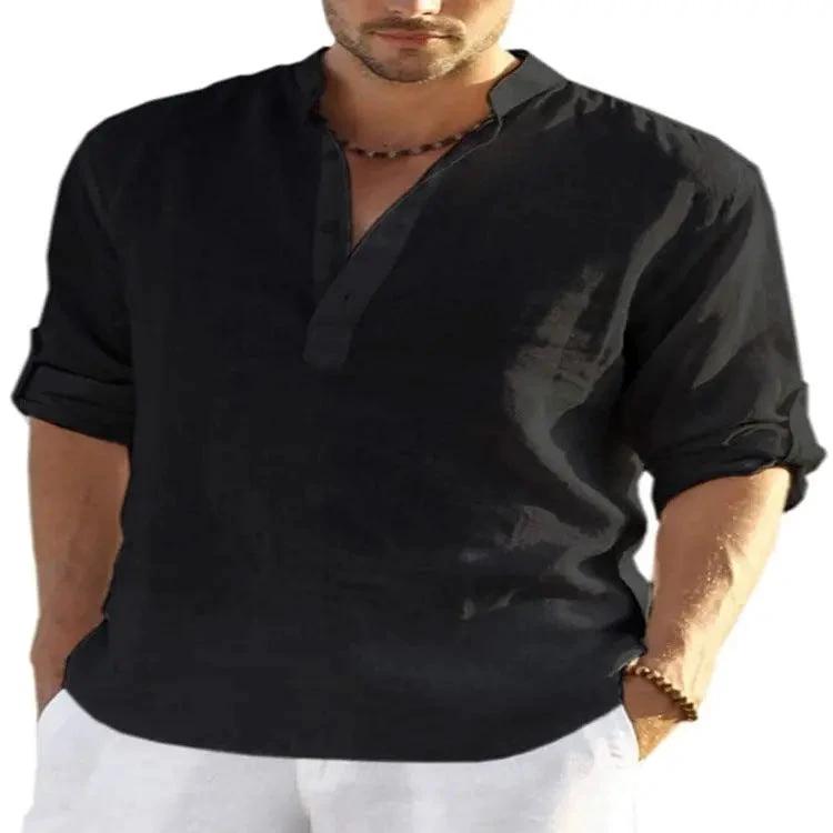 Camisa de Manga Larga de Algodón y Lino Casual para Hombre