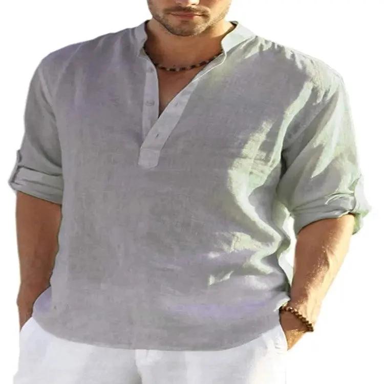 Camisa de Manga Larga de Algodón y Lino Casual para Hombre