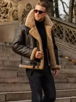 Veste en cuir doublée en fourrure pour homme