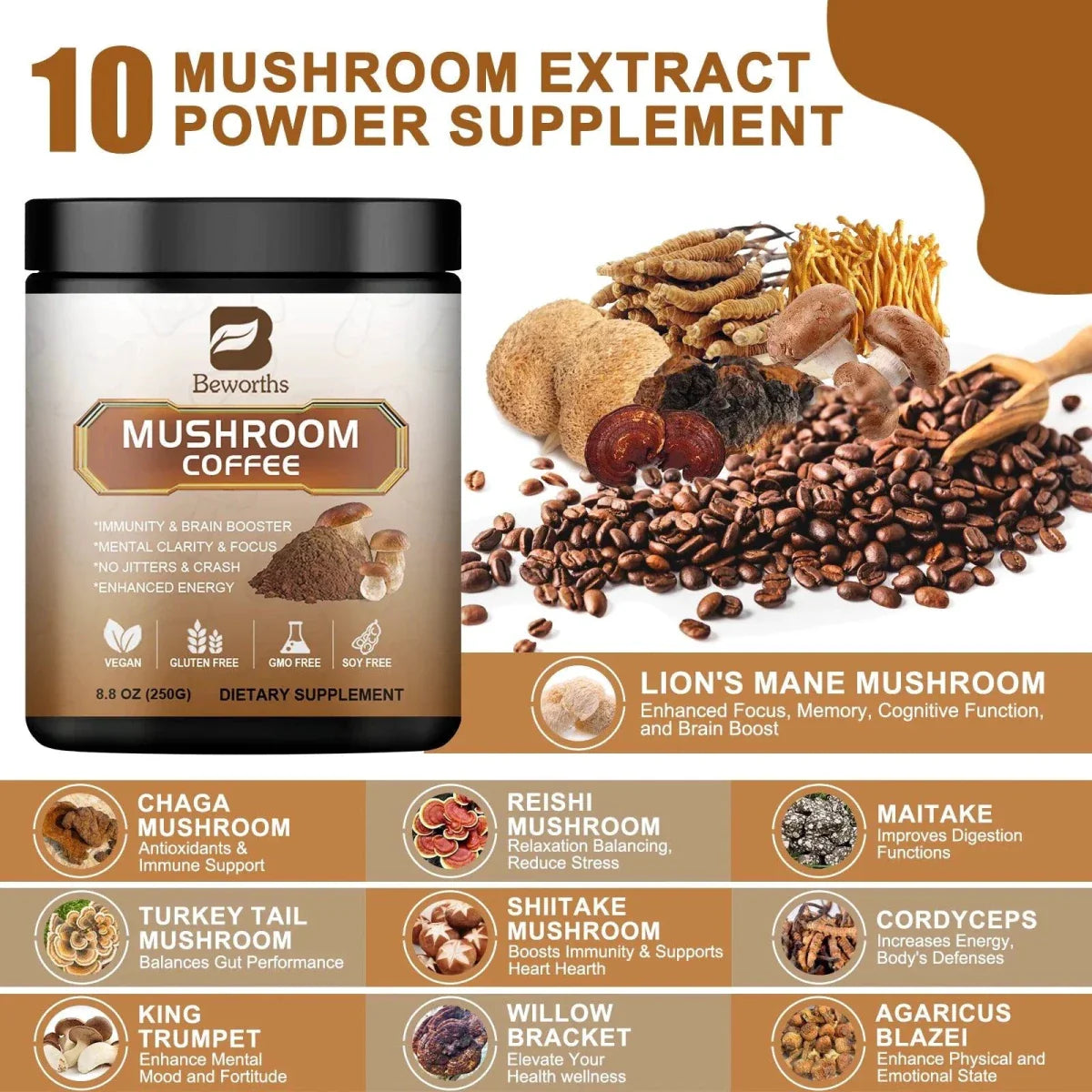 Mélange de café aux champignons premium - 10 extraits pour l'énergie et la vitalité