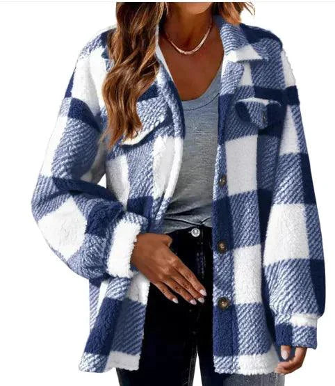 Chaqueta de Lana con Cuello Caído a Cuadros