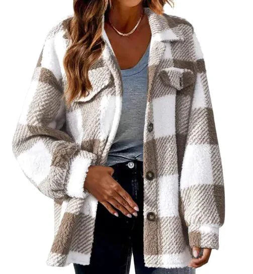 Chaqueta de Lana con Cuello Caído a Cuadros