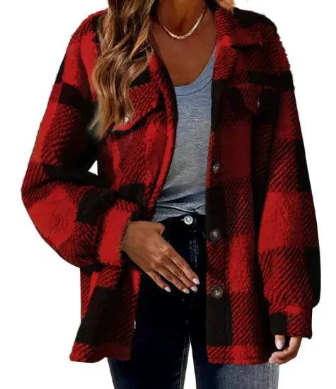 Chaqueta de Lana con Cuello Caído a Cuadros