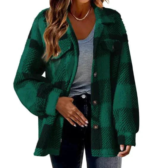 Chaqueta de Lana con Cuello Caído a Cuadros