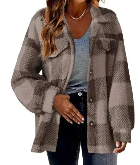 Chaqueta de Lana con Cuello Caído a Cuadros