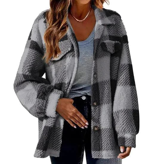 Chaqueta de Lana con Cuello Caído a Cuadros