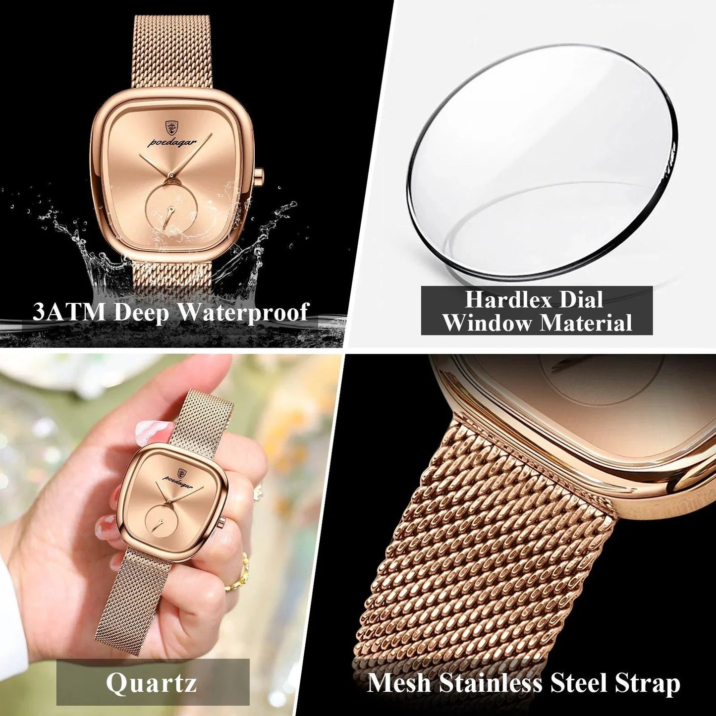 POEDAGAR Elegant Women's Mesh Watch - Waterproof Stainless Steel Timepiece