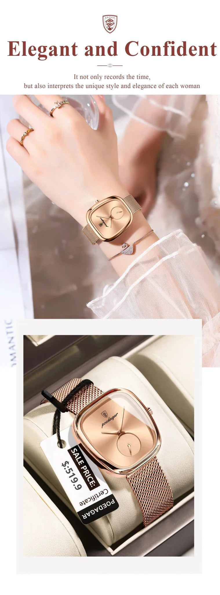 POEDAGAR Elegant Women's Mesh Watch - Waterproof Stainless Steel Timepiece