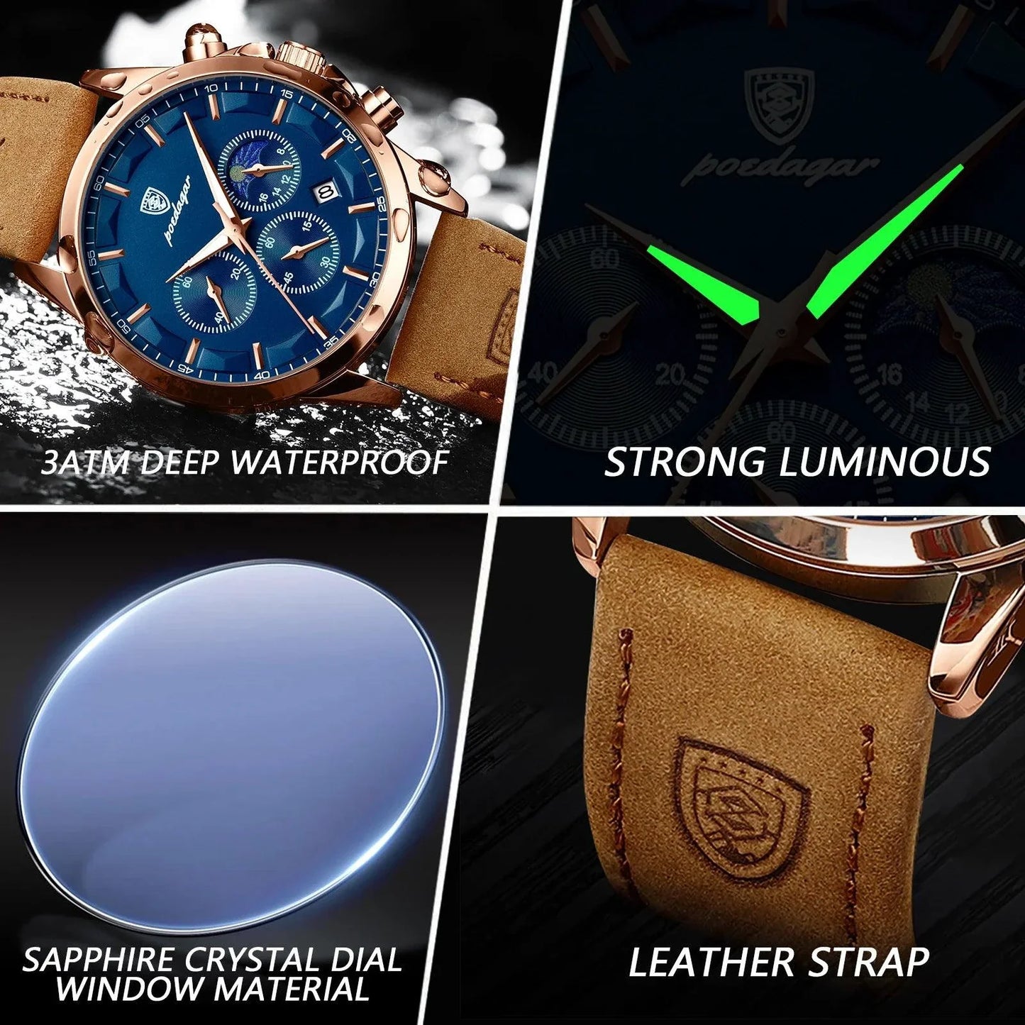 Reloj Cronógrafo de Lujo para Hombre POEDAGAR - Impermeable y Luminiscente