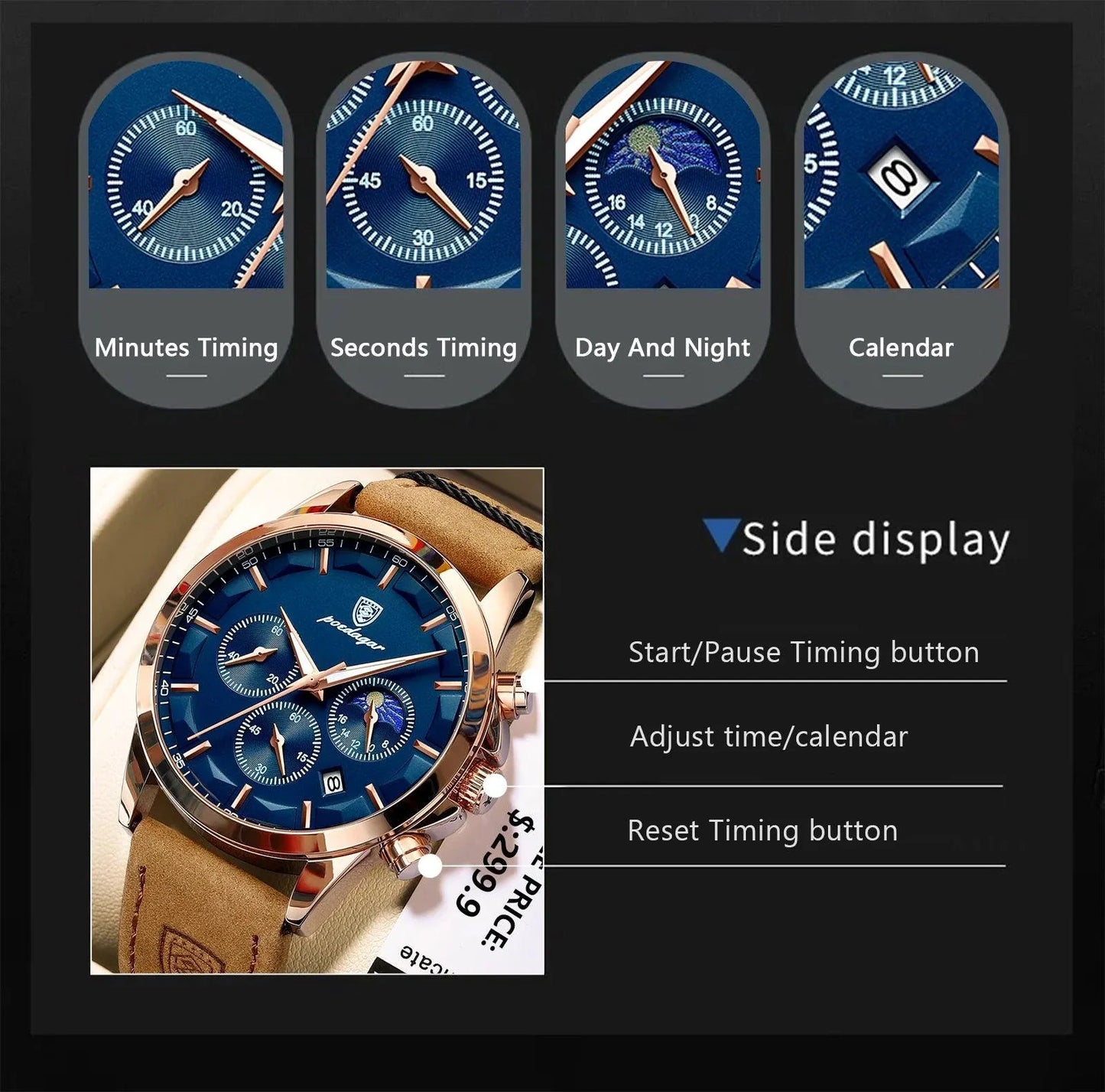 Reloj Cronógrafo de Lujo para Hombre POEDAGAR - Impermeable y Luminiscente