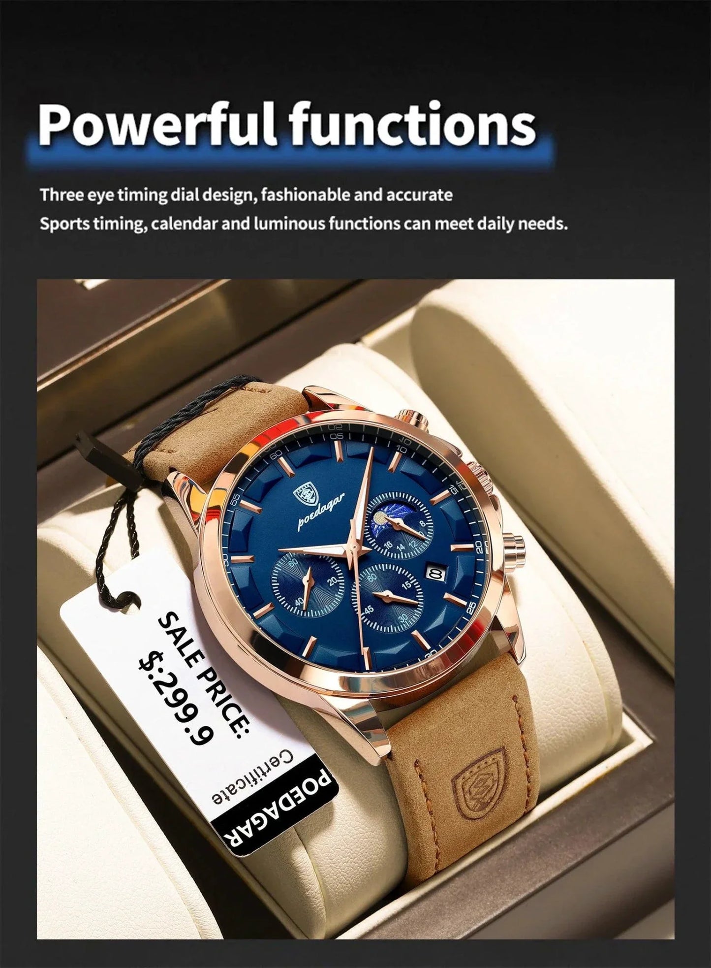 Reloj Cronógrafo de Lujo para Hombre POEDAGAR - Impermeable y Luminiscente