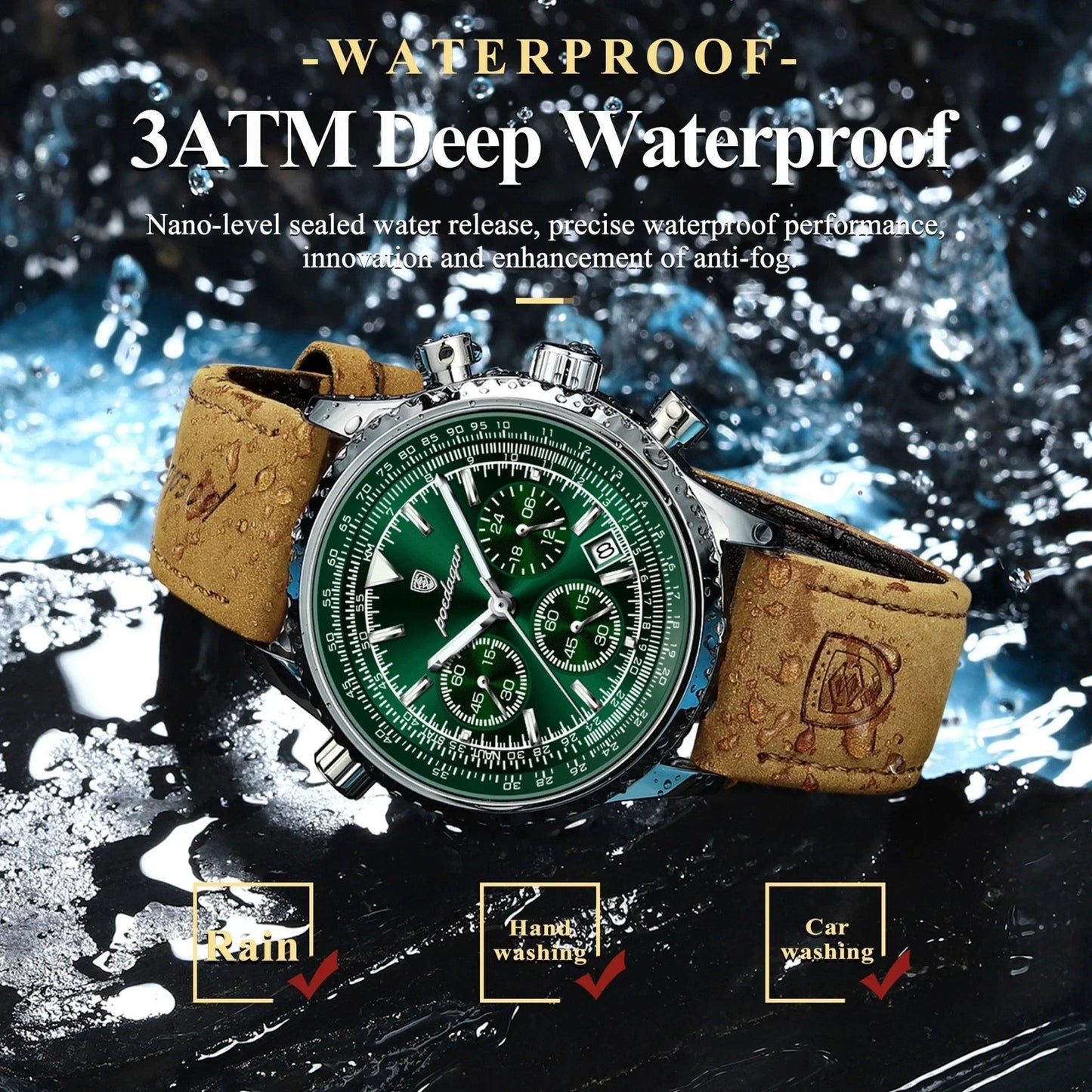 POEDAGAR Men's Luxury Quartz Chronograph Watch - Waterproof Leather