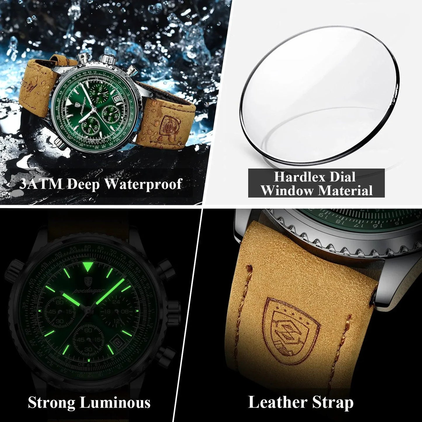 POEDAGAR Men's Luxury Quartz Chronograph Watch - Waterproof Leather