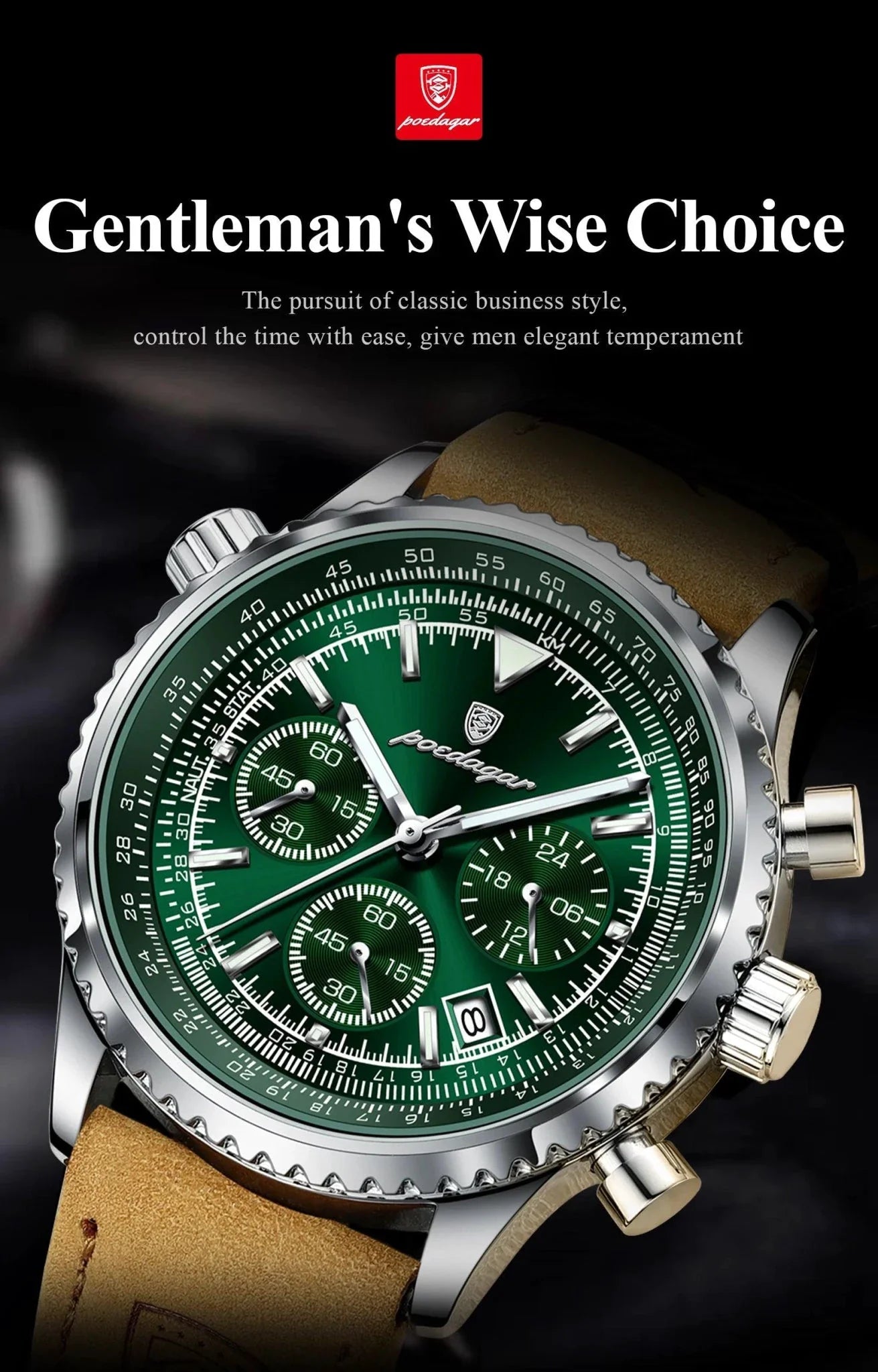 POEDAGAR Men's Luxury Quartz Chronograph Watch - Waterproof Leather
