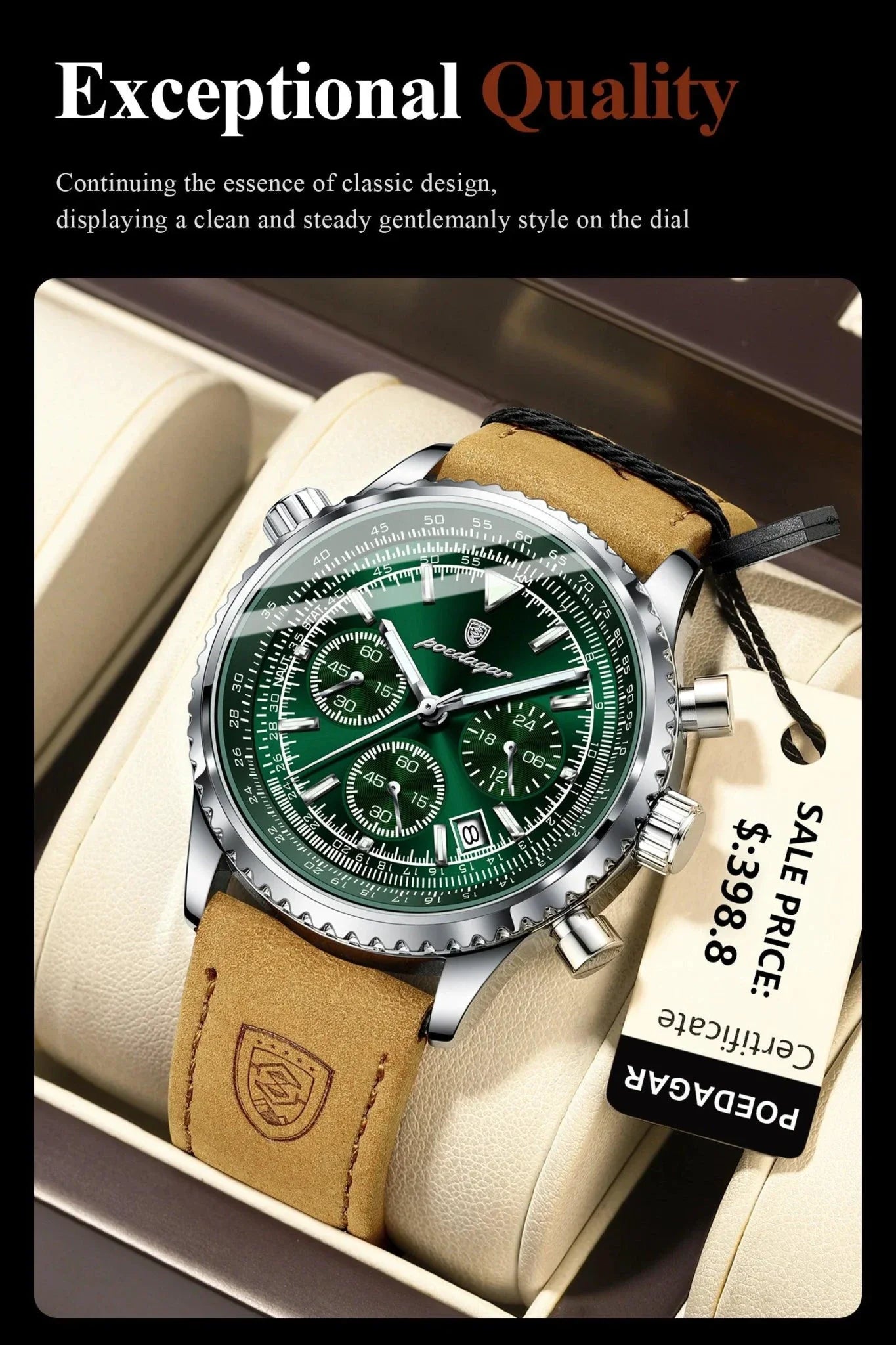 POEDAGAR Men's Luxury Quartz Chronograph Watch - Waterproof Leather
