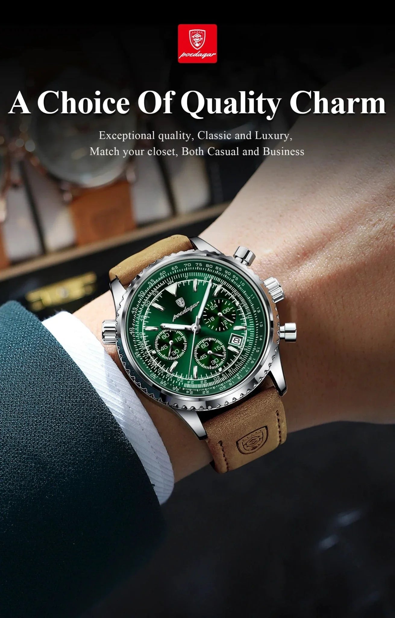 POEDAGAR Men's Luxury Quartz Chronograph Watch - Waterproof Leather