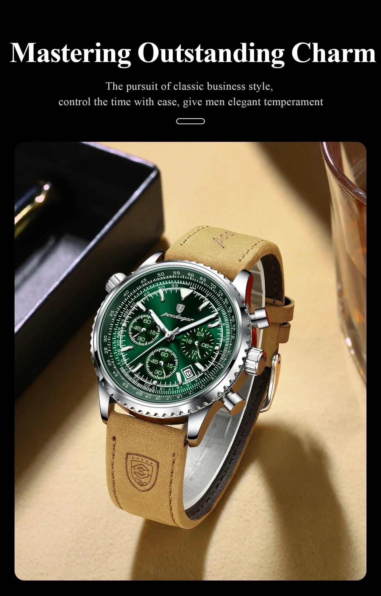POEDAGAR Men's Luxury Quartz Chronograph Watch - Waterproof Leather