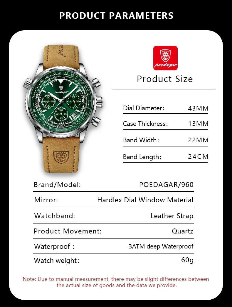 POEDAGAR Men's Luxury Quartz Chronograph Watch - Waterproof Leather