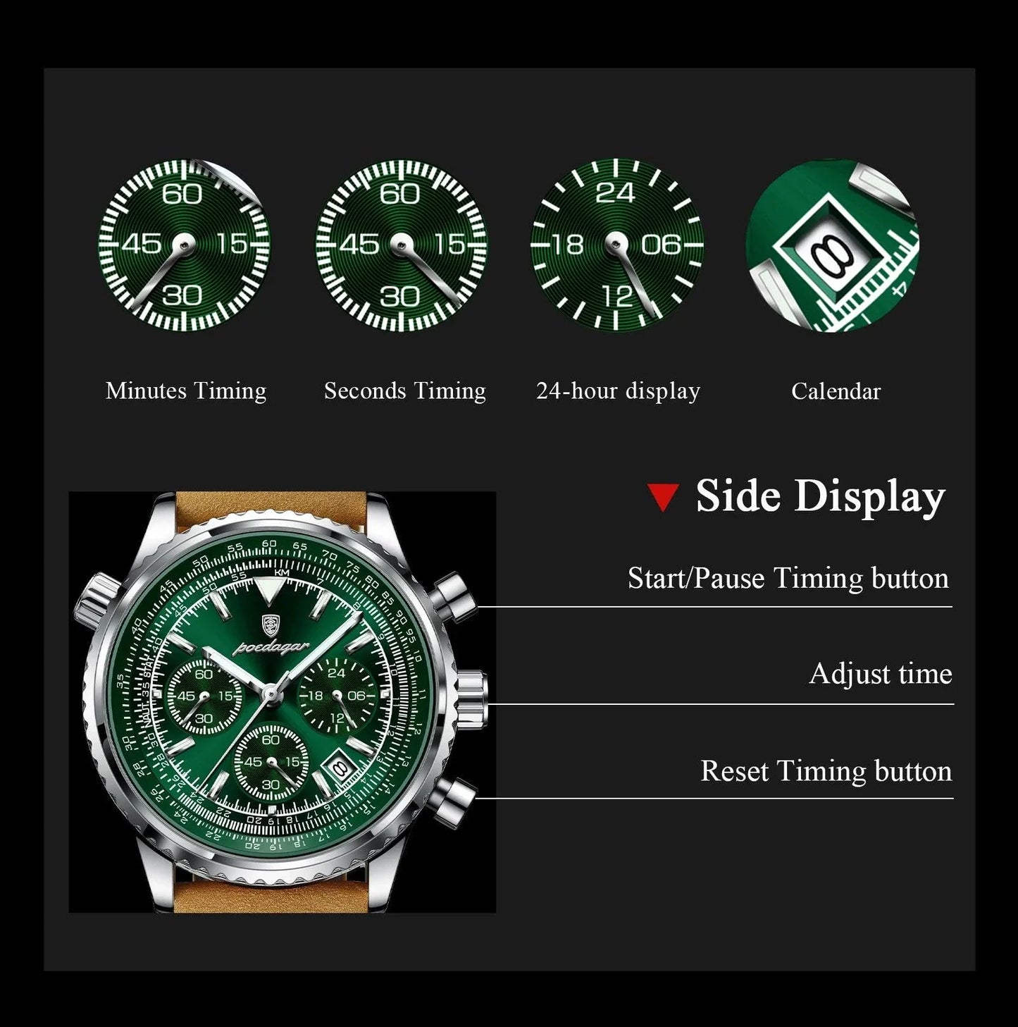 POEDAGAR Men's Luxury Quartz Chronograph Watch - Waterproof Leather