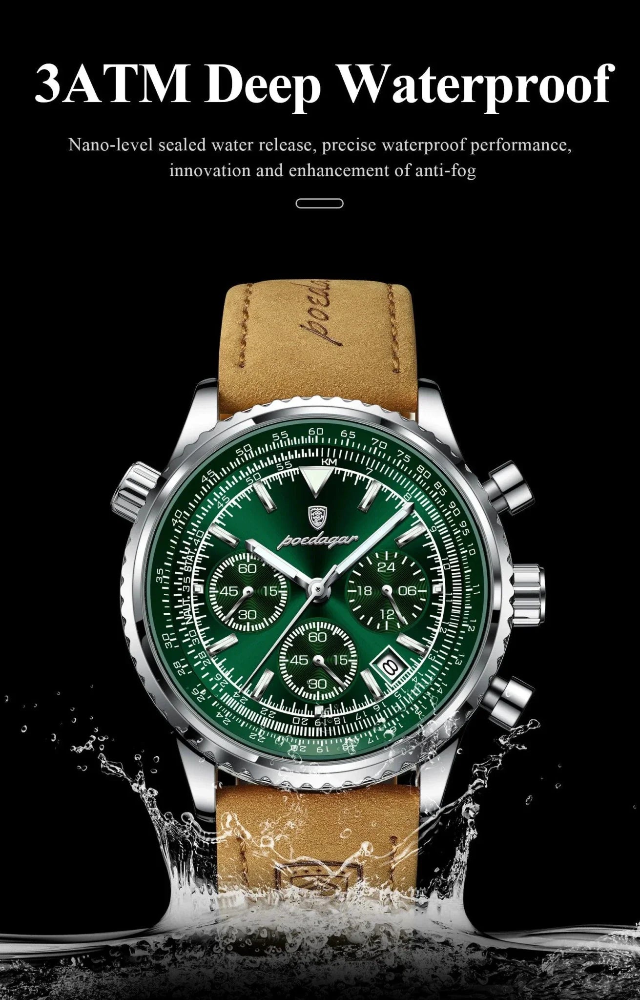 POEDAGAR Men's Luxury Quartz Chronograph Watch - Waterproof Leather