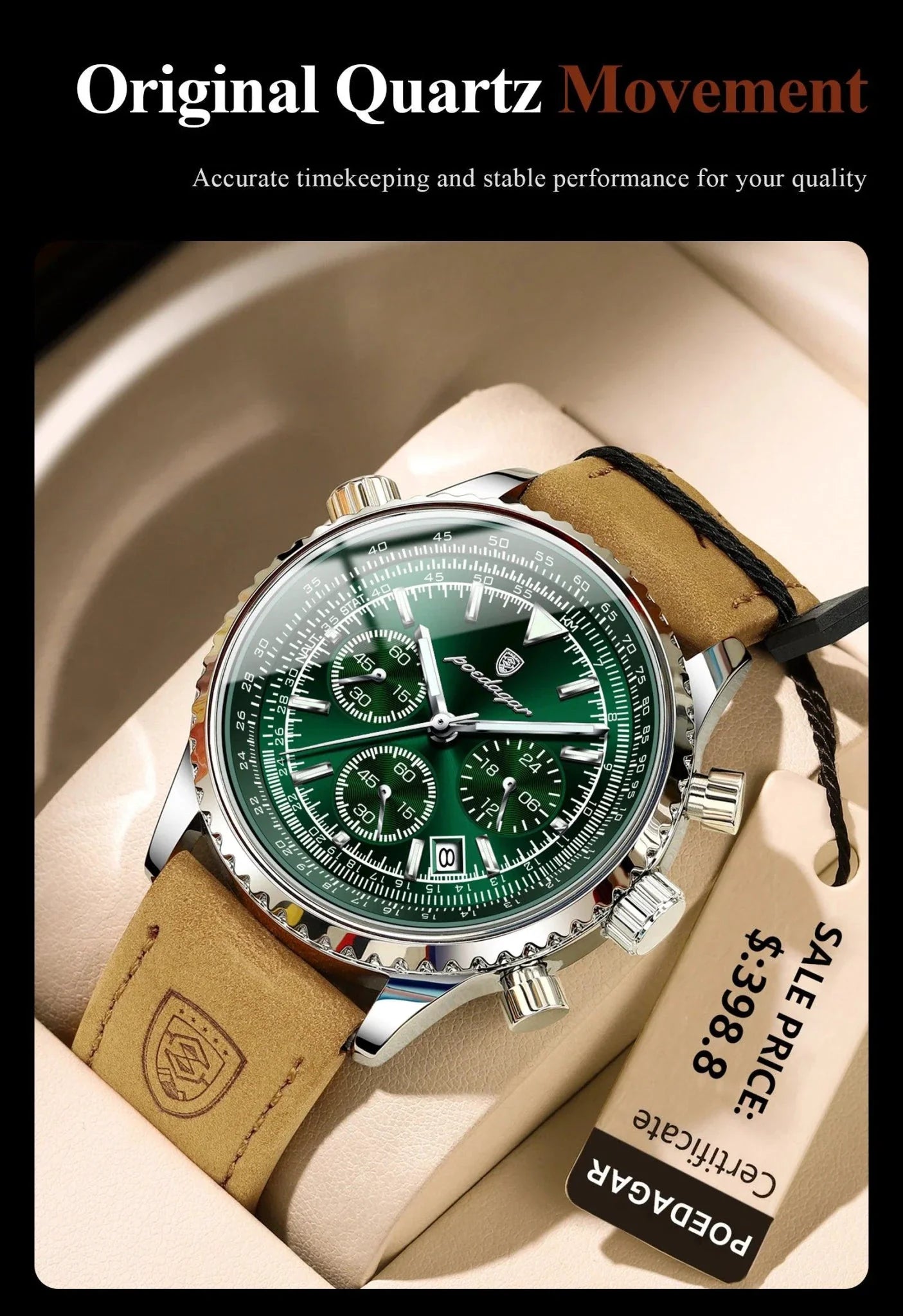 POEDAGAR Men's Luxury Quartz Chronograph Watch - Waterproof Leather